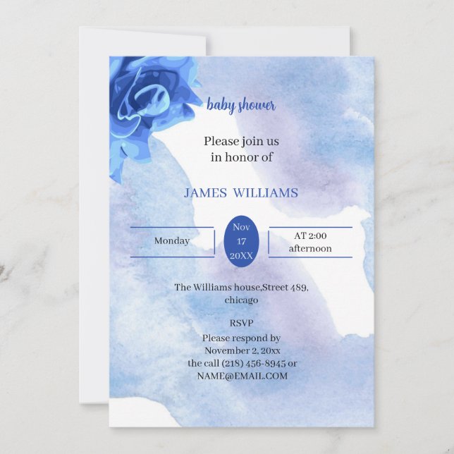 Elegante Blue Blume Baby Dusche individuell angepa Einladung (Vorderseite)
