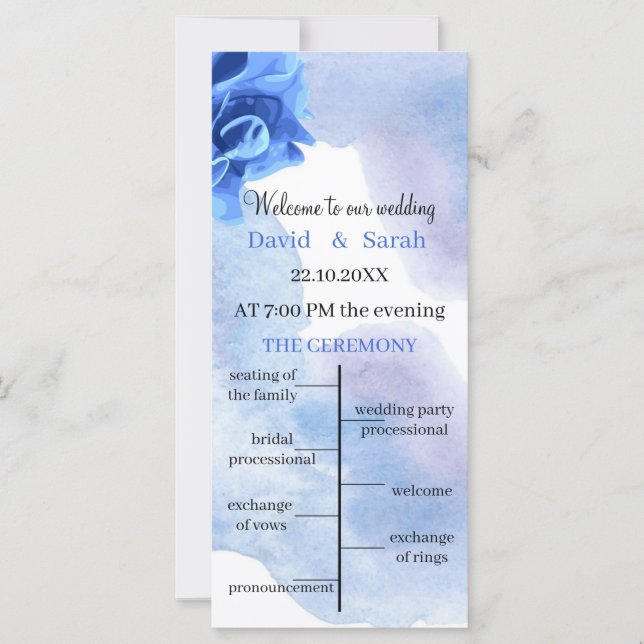 Elegante Blue Blume Custom Wedding Program Card (Vorderseite)
