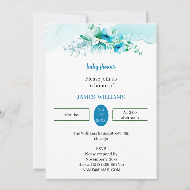 Elegante Blue Blume individuelle Babydusche Einladung (Vorderseite)