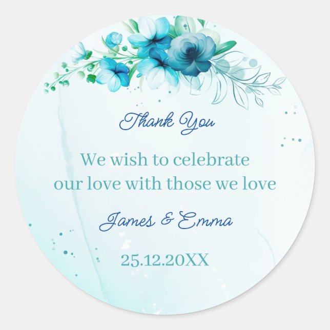 Elegante Blue Blume Personalisiert Wedding Runder Aufkleber (Vorderseite)