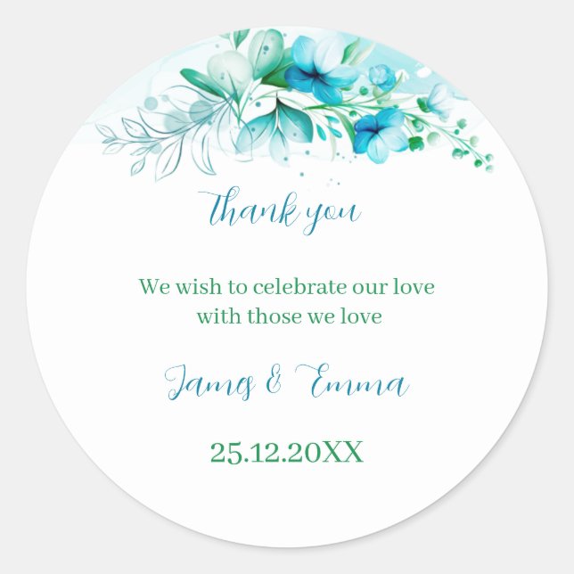 Elegante Blue Blume Personalisiert Wedding Runder Aufkleber (Vorderseite)