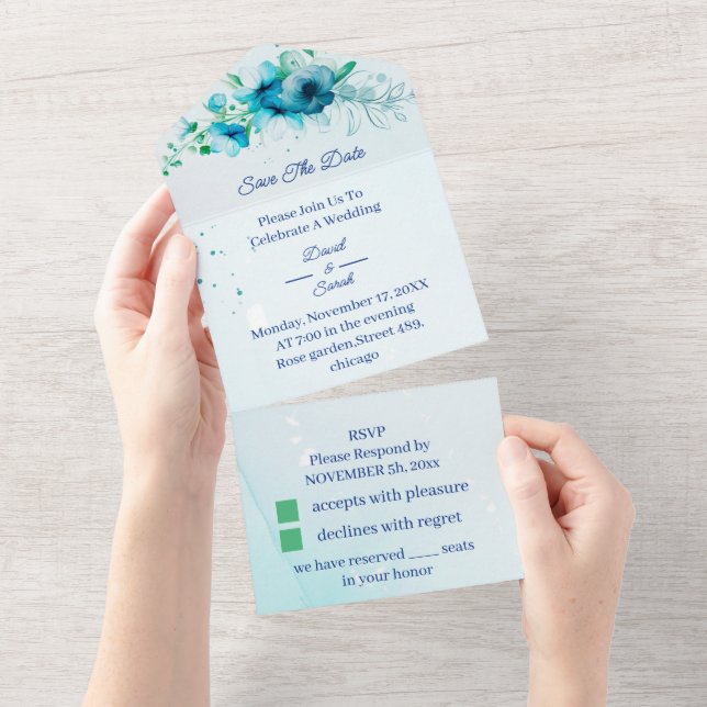 Elegante Blue Blume Save the Date Personalisiert All In One Einladung (Abreißen)