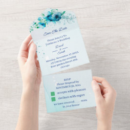 Elegante Blue Blume Save the Date Personalisiert All In One Einladung