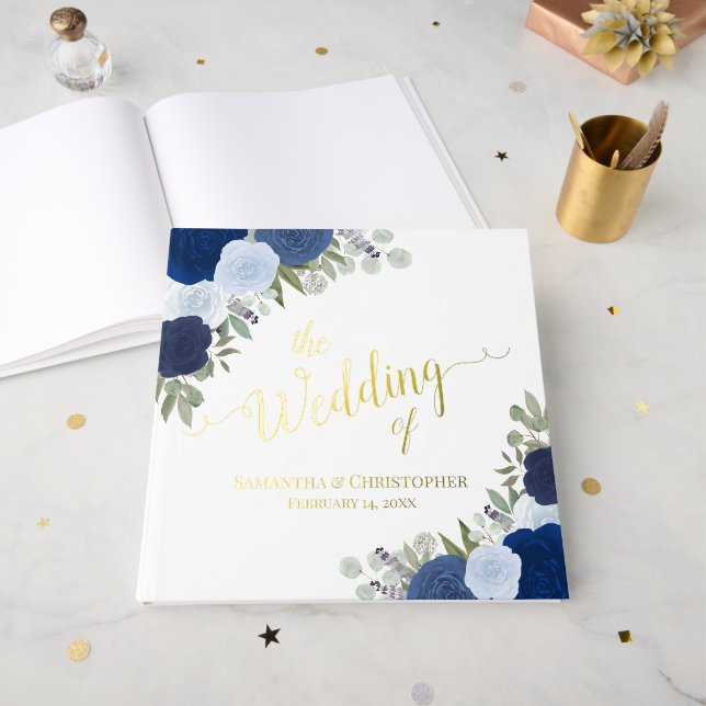 Elegante Blue Boho Chic Rose Hochzeit Gästebuch (Vorderseite Offen)