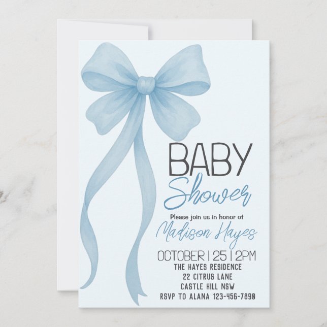 Elegante Blue Bow Baby Shower Einladung (Vorderseite)