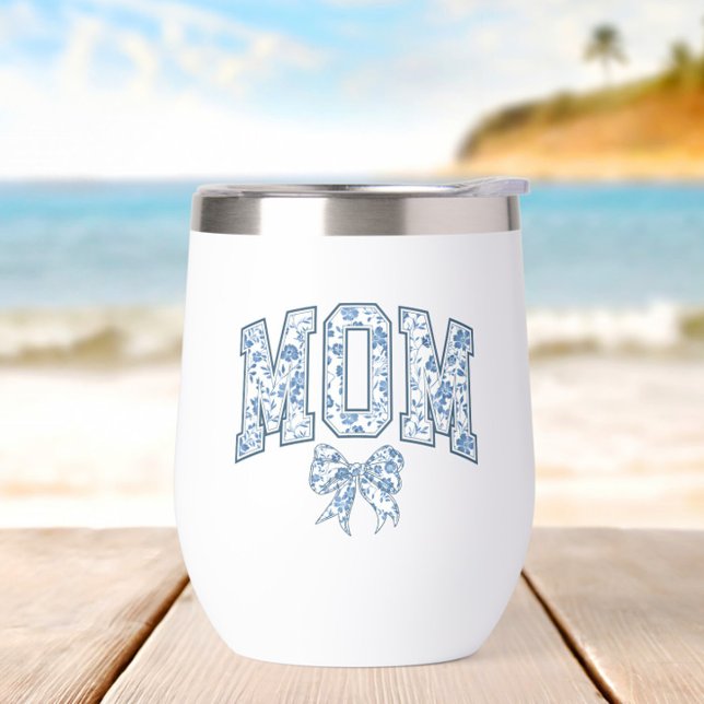 Elegante Blue Bow Chinoiserie Mama (Elegant Blue Chinoiserie Mom Wine Tumbler, Mother's Day Gift, New Mom, Trendy, Mom to Be, Chic)