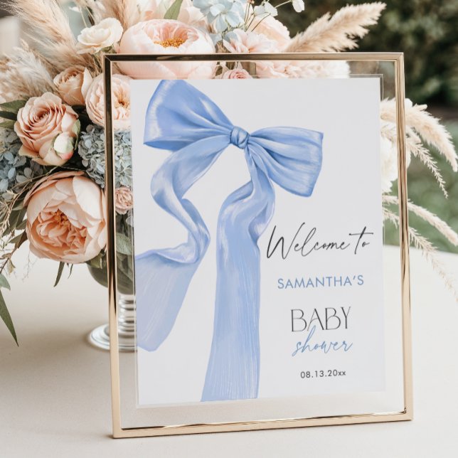 Elegante Blue Bow Coquette Baby Dusche Willkommen Poster (Von Creator hochgeladen)