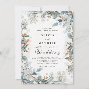 Elegante Blue Brown Winter Floral Wedding Einladung