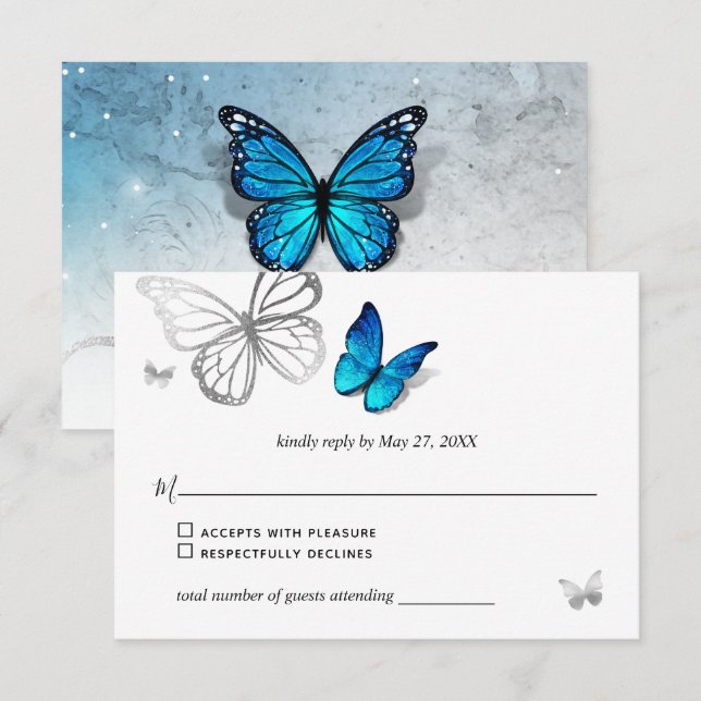 Elegante Blue Butterfly Rustic Watercolor Wedding RSVP Karte (Vorne/Hinten)