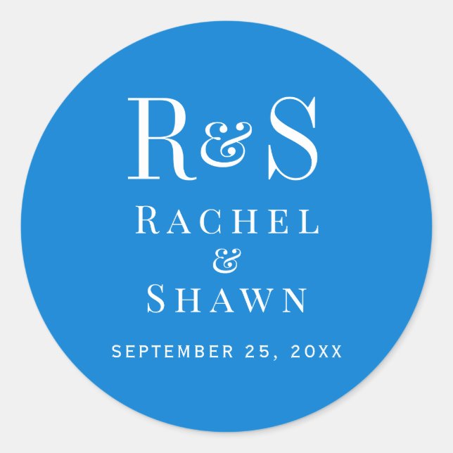 Elegante Blue Chic Moderne Monogram Wedding Runder Aufkleber (Vorderseite)