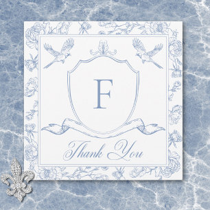 Elegante Blue Chinoiserie Bird & Wappen Wedding Dankeskarte
