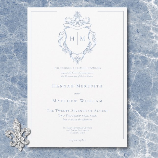 Elegante Blue Chinoiserie Bird & Wappen Wedding Einladung (Elegant Blue Chinoiserie Bird & Crest Wedding Invitation)