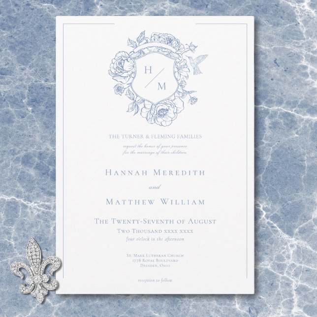 Elegante Blue Chinoiserie Bird & Wappen Wedding Einladung (Elegant Blue Chinoiserie Bird & Crest Wedding Invitation)