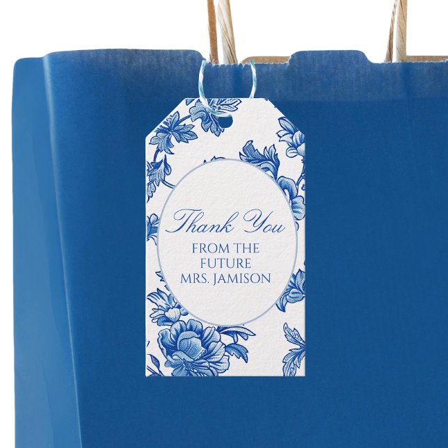 Elegante Blue Chinoiserie Brautparty Geschenk Tag Geschenkanhänger (Von Creator hochgeladen)