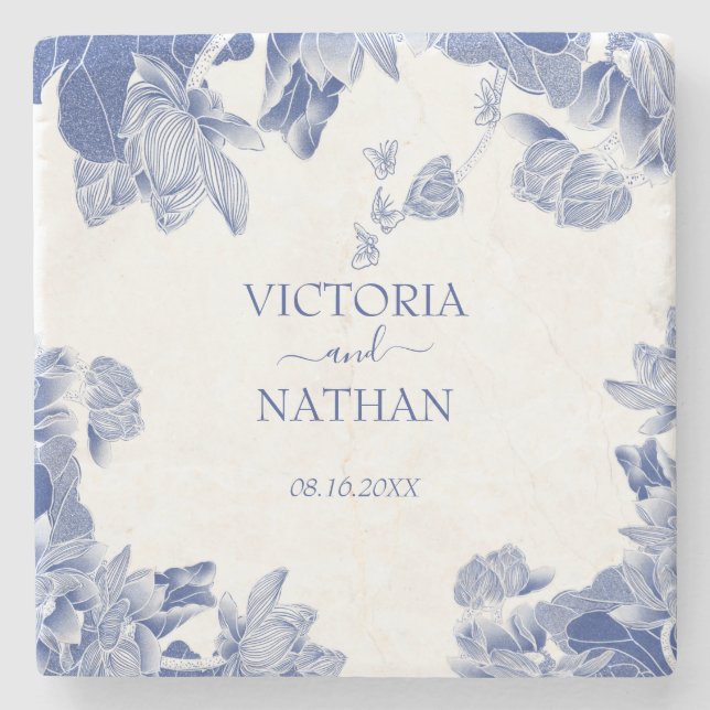 Elegante Blue Chinoiserie Chic Hochzeit Steinuntersetzer (Vorderseite)