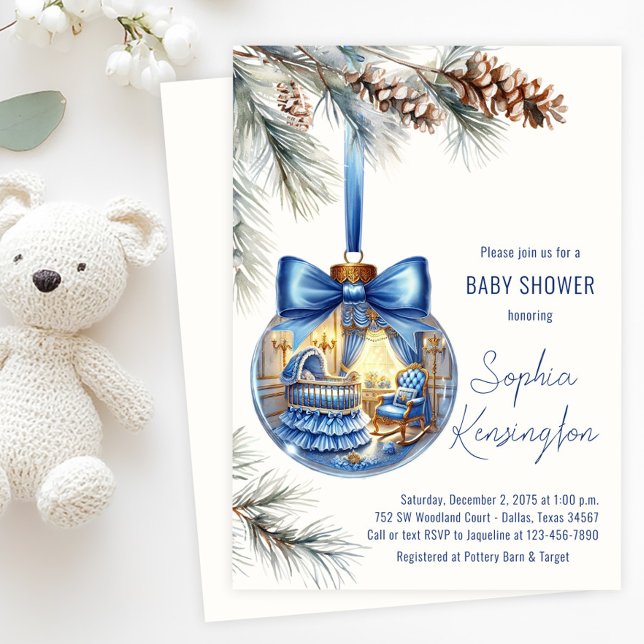 Elegante Blue Christmas Tree Ornament Baby Shower Einladung (Boy Christmas tree ornament baby shower invitation with cute nursery scene inside the glass bauble.)