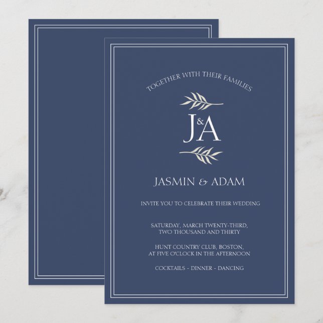 Elegante Blue Classic-Initialen Hochzeit Einladung (Vorne/Hinten)