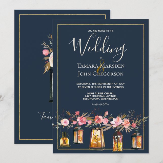 Elegante Blue Coral Floral Lights Hochzeit Einladung (Vorne/Hinten)