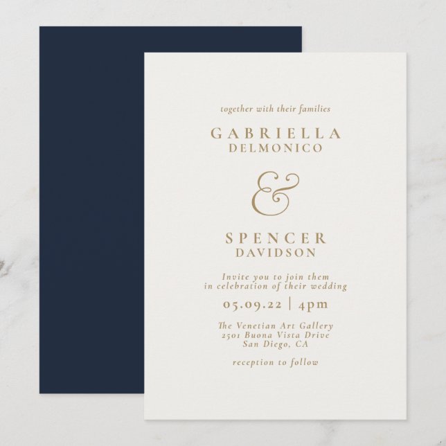 Elegante Blue Cream Gold Wedding Einladung (Vorne/Hinten)