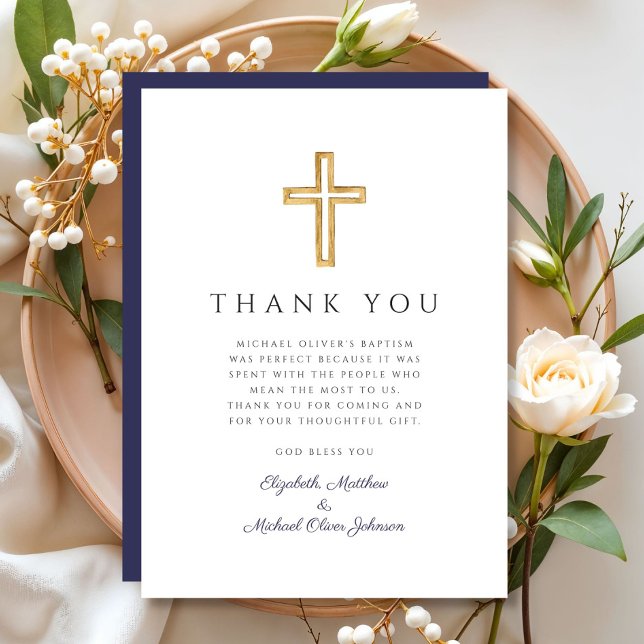 Elegante Blue Cross Boy Taufe Dankeskarte (Elegant Navy Blue Cross Boy Baptism Thank You Card)