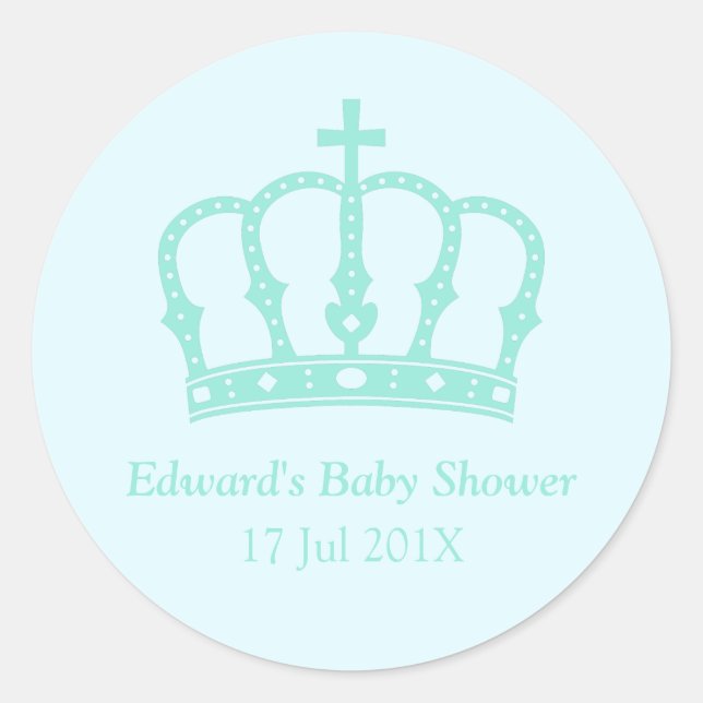 Elegante Blue Crown Prince Baby Dusche Runder Aufkleber (Vorderseite)