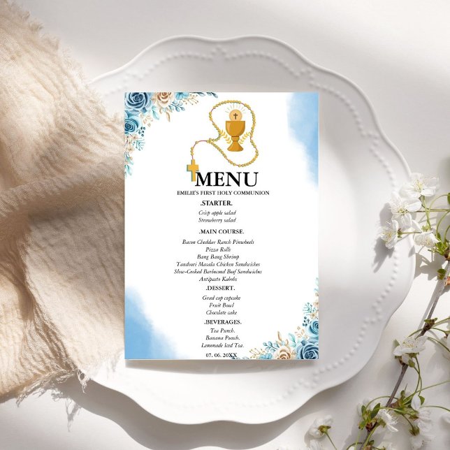 Elegante Blue Floral 1. Communion Party Menu Card Einladung (Von Creator hochgeladen)