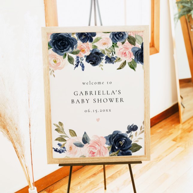 Elegante Blue Floral Baby Dusche Willkommen Poster (Von Creator hochgeladen)