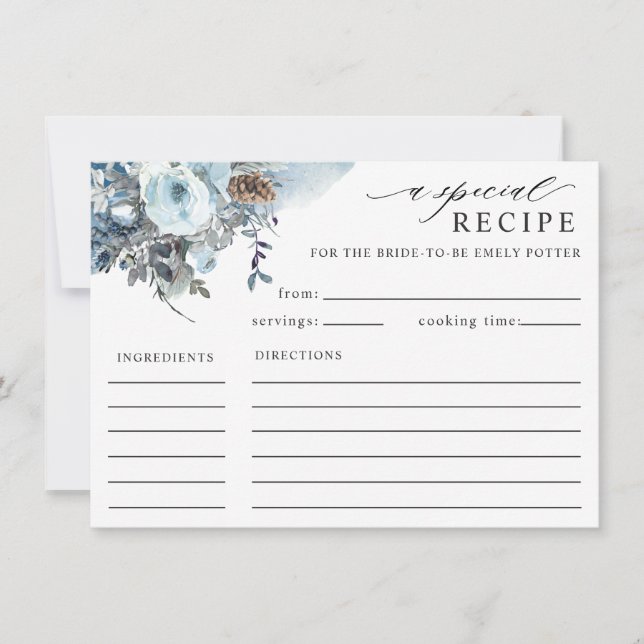 Elegante Blue Floral Brautparty Rezept Karte (Vorderseite)