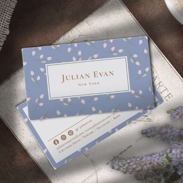 Elegante Blue Floral Business Card Visitenkarte (Von Creator hochgeladen)