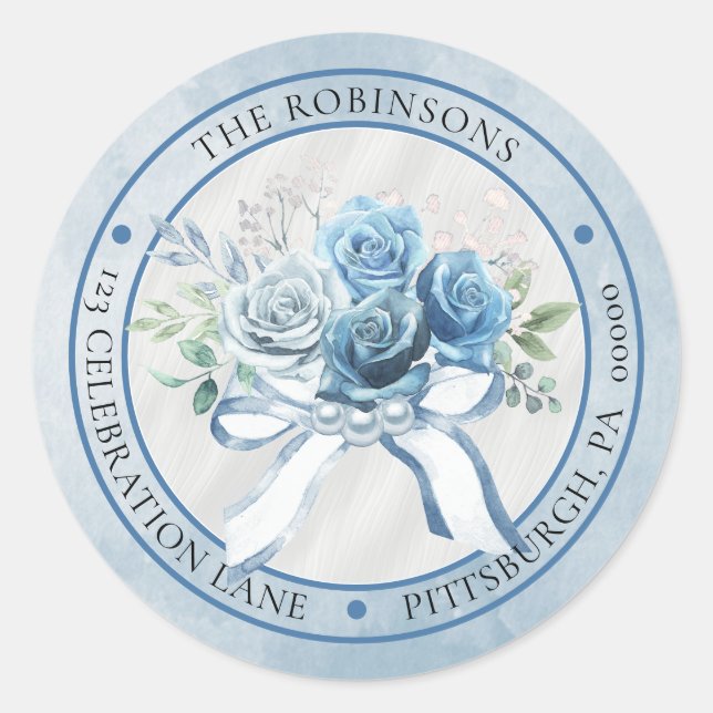 Elegante Blue Floral Circle Rücksendeadresse Runder Aufkleber (Vorderseite)