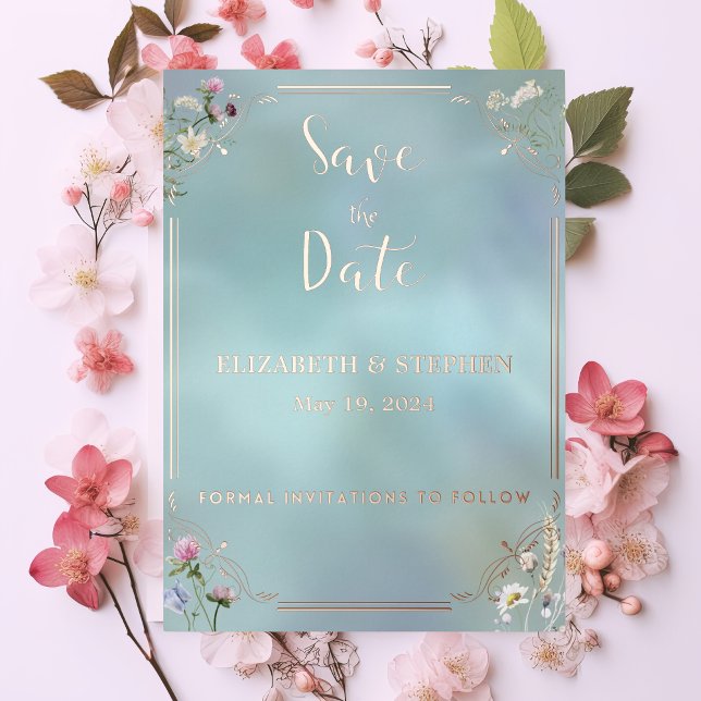 Elegante Blue Floral Foil Save the Date Karte (Von Creator hochgeladen)