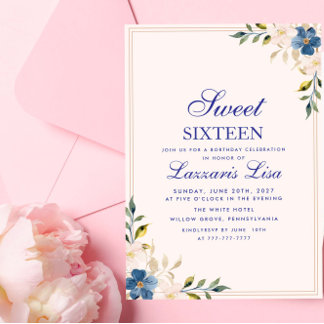 Elegante Blue Floral Geburtstagsparty 16 . Geburts Einladung