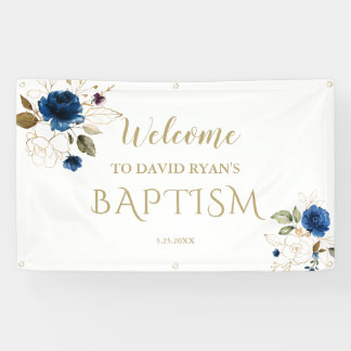 Elegante Blue Floral Gold Boy Taufe Begrüßungszeic Banner