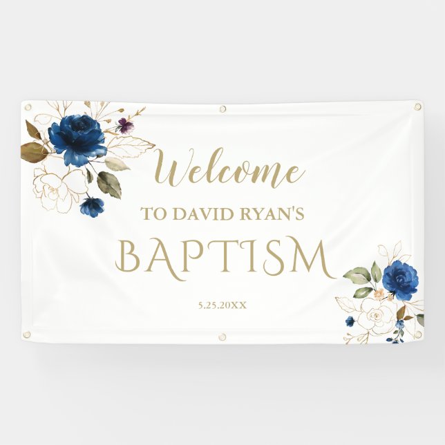 Elegante Blue Floral Gold Boy Taufe Begrüßungszeic Banner (Horizontal)