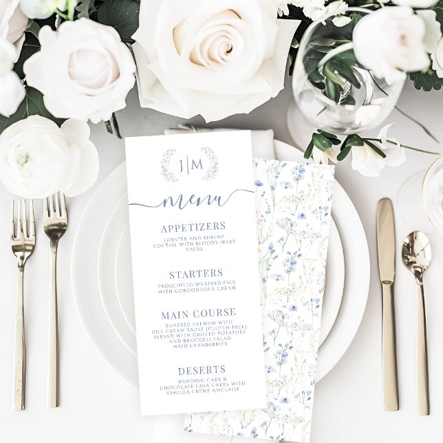 Elegante Blue Floral Herbst Winter Wedding Menu Ca (Von Creator hochgeladen)