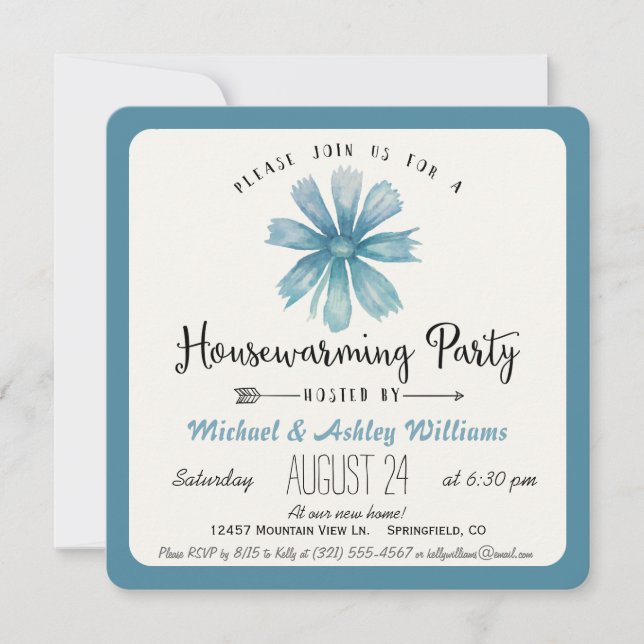 Elegante Blue Floral Housewarming Party Einladung (Vorderseite)