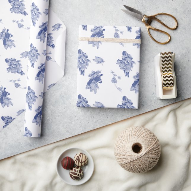 Elegante Blue Floral Lotus Blume Chinoiserie Wrap Geschenkpapier (Kunsthandwerk)