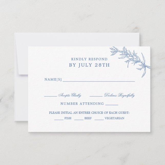 Elegante Blue Floral Meal Choice Hochzeit RSVP Karte (Vorderseite)