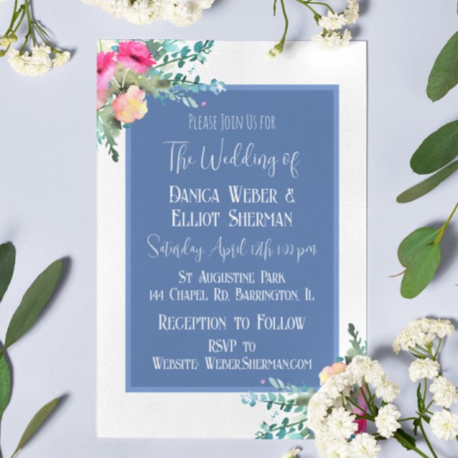 Elegante Blue Floral Pink Rosenknospe Elegante Hoc Einladung (Von Creator hochgeladen)