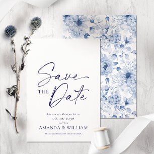 Elegante Blue Floral Save the Date Card