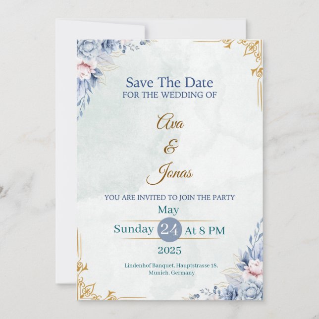 Elegante Blue Floral Save the Date Card Einladung (Vorderseite)