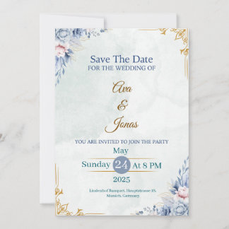 Elegante Blue Floral Save the Date Card Einladung