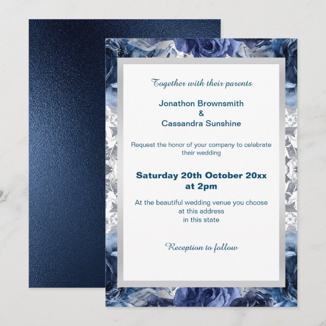 ELEGANTE BLUE FLORAL SILVER TRIM WEDD EINLADUNG (Vorne/Hinten)