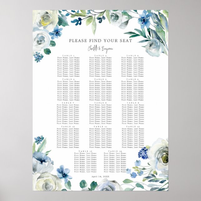 Elegante Blue Floral Spring Wedding Chart Poster (Vorne)