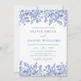 Elegante Blue Floral Vintag Botanische Hochzeit Einladung