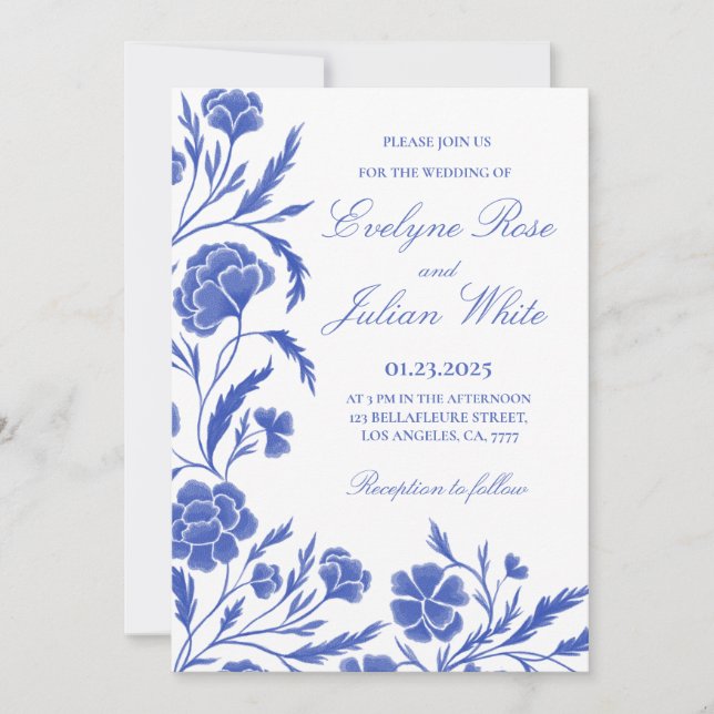 Elegante Blue Floral Wedding Invitation Card Einladung (Vorderseite)