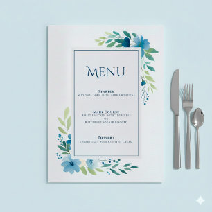 Elegante Blue Floral Wedding Menu Card Menükarte