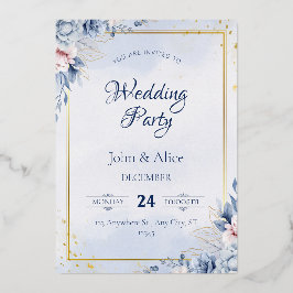 Elegante Blue Floral Wedding Party Folieneinladung