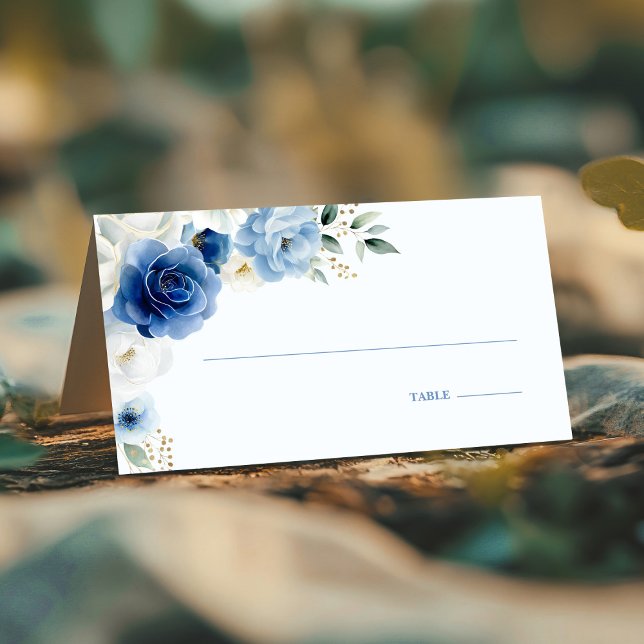 Elegante Blue Floral Wedding Platzkarte (Von Creator hochgeladen)