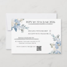 Elegante Blue Floral Wedding RSVP Card mit QR Code